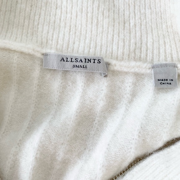 AllSaints Viola Zip Collar Wool Ribbed Puff Sleeve Sweater - Picture 8 of 9
